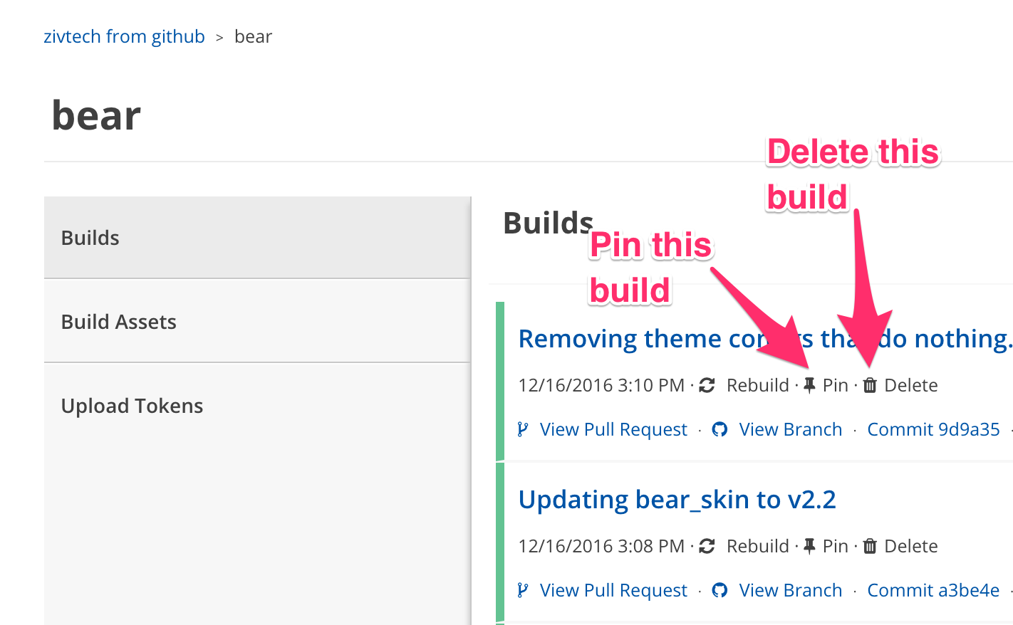 UI for pinning and deleting builds