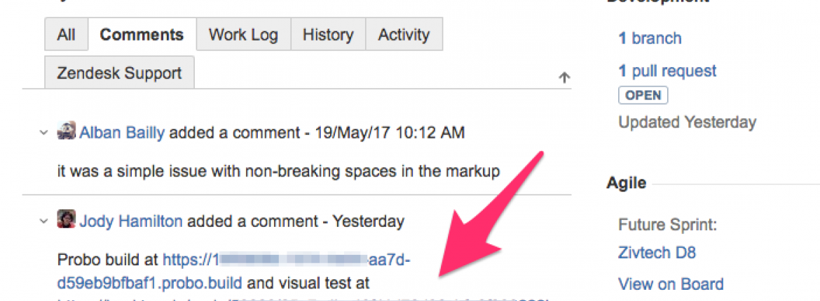 Links to a Probo sandbox and Backtrac.io visual regression checks