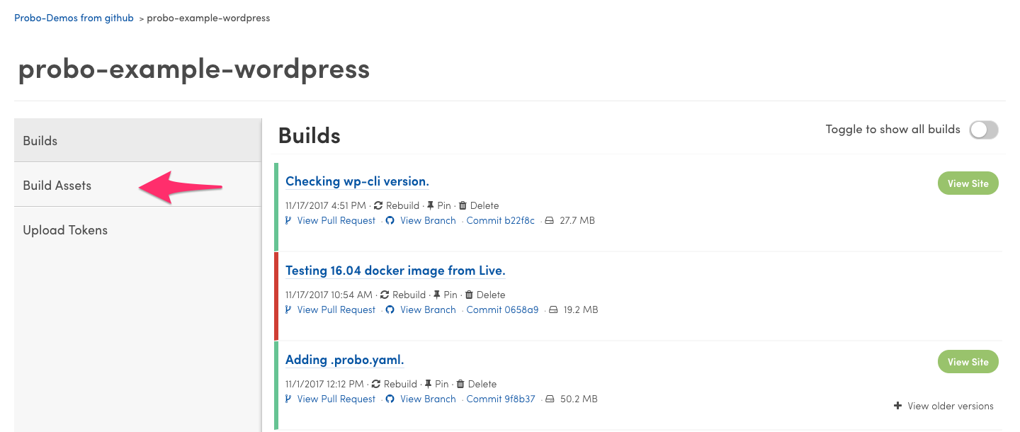 Probo Build Assets tab